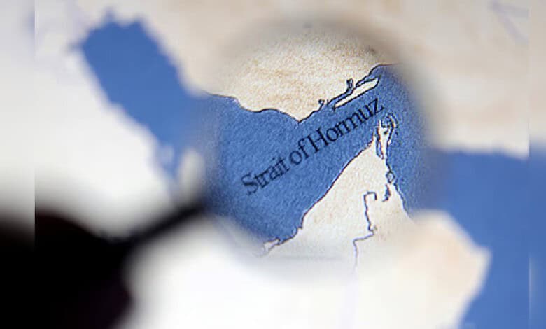 Map highlighting the Strait of Hormuz between Iran and Oman, showing key shipping lanes and surrounding Gulf waters.