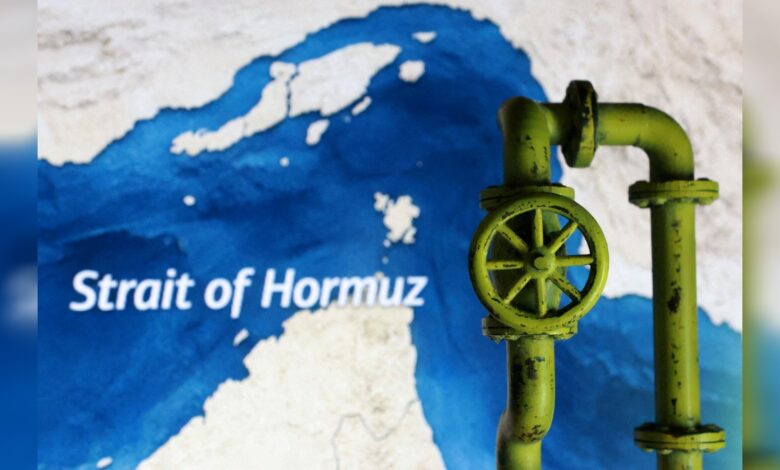 Map of the Strait of Hormuz with a green industrial valve symbolising oil flow and maritime control.