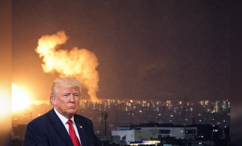 Donald Trump in foreground with large explosion over city skyline at night