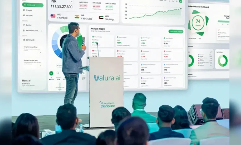 Valura.ai presentation showing AI-driven investment dashboard to audience.