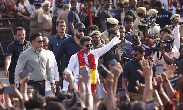 TVK Vijay at Tamil Nadu election rally, announcing crop loan waiver to farmers.