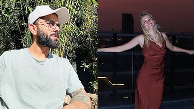 Kohli with a bearded man wearing glasses and a cap, outdoors with greenery; woman in a red dress on a bal.