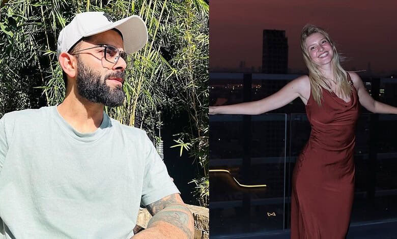 Kohli with a bearded man wearing glasses and a cap, outdoors with greenery; woman in a red dress on a bal.