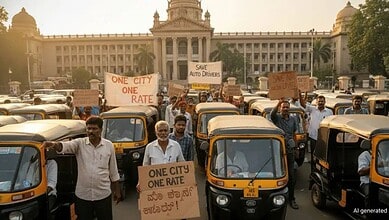 Auto rickshaw drivers protesting with signs in front of a government building, advocating for a city-wide.