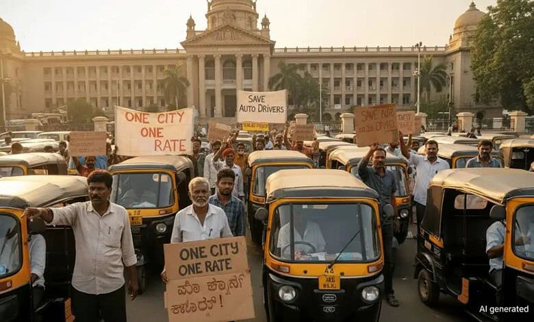Auto rickshaw drivers protesting with signs in front of a government building, advocating for a city-wide.