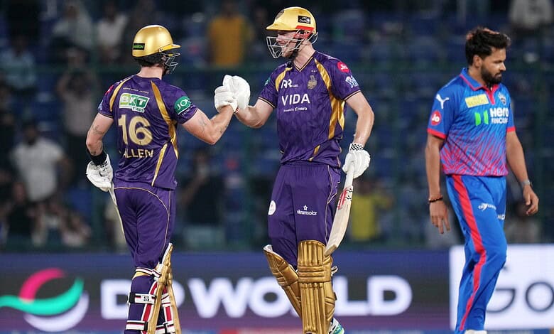 KKR players celebrate after winning against DC, with Allen scoring an unbeaten century in the cricket mat.