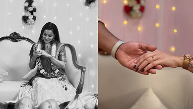 A young woman in traditional attire with a garland, sitting on a vintage sofa during an engagement celebr.
