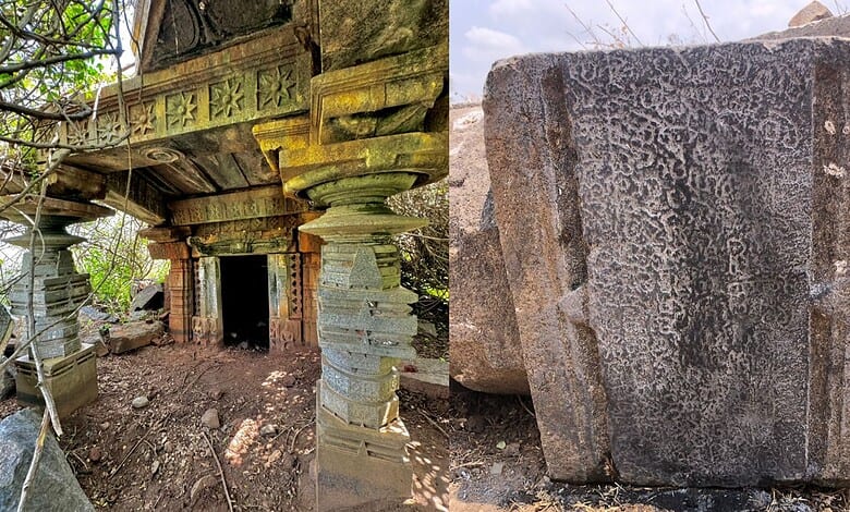Ruins of a historic Shiva temple in Telangana, showcasing stone carvings and damaged structure.