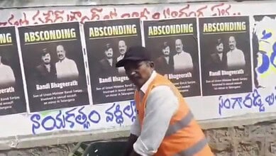 Missing posters of Bandi Bhagirath displayed across Hyderabad as he remains absconding.