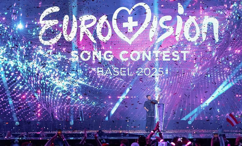 Illustration of Eurovision 2025 Basel with vibrant lights and a presenter on stage.