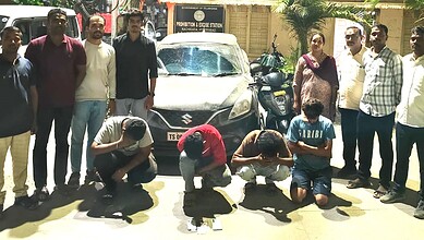 Arrested individuals with seized MDMA drugs in Hyderabad, four suspects detained for drug trafficking fro.