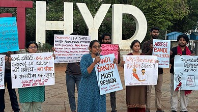 Youth activists from Hyderabad staging a protest at Necklace Road on Monday, May 11, 2026, against police inaction in the POCSO case against Bandi Sanjay's son Bandi Sai Bhagirath.