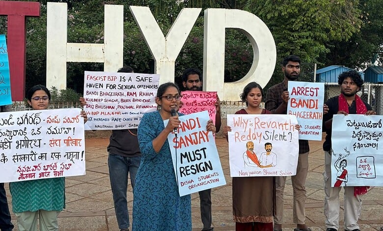 Youth activists from Hyderabad staging a protest at Necklace Road on Monday, May 11, 2026, against police inaction in the POCSO case against Bandi Sanjay's son Bandi Sai Bhagirath.