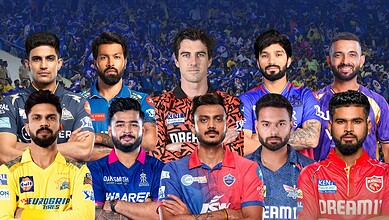 Group of successful IPL captains posing together on the cricket field.