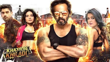 An image of the Khatron Ke Khiladi 15 contestants, featuring four participants with a fiery background an.