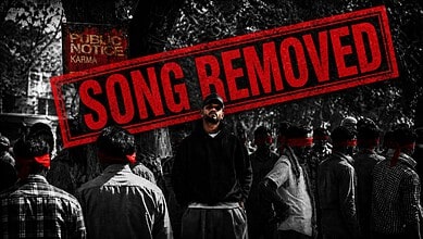 Rapper Karma's song removed over alleged anti-national remarks, protest scene with masked individuals in.