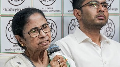 Mamata Banerjee speaking at a press conference on Bengal election results, emphasizing her stance on not.