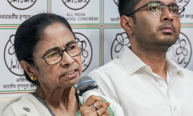 Mamata Banerjee speaking at a press conference on Bengal election results, emphasizing her stance on not.