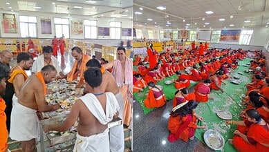 Devotees and priests performing hundi offerings at Mantralaya temple during a special collection event.