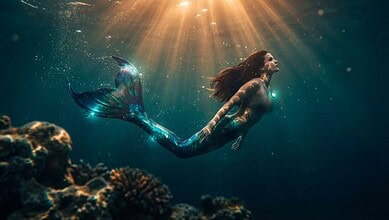 Real-life mermaid swimming underwater in Hyderabad, showcasing a captivating mermaid costume and tail.