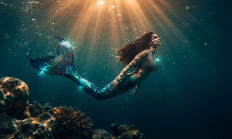Real-life mermaid swimming underwater in Hyderabad, showcasing a captivating mermaid costume and tail.