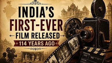 Vintage film camera with historical film reels and sepia-toned background celebrating India’s first-ever.