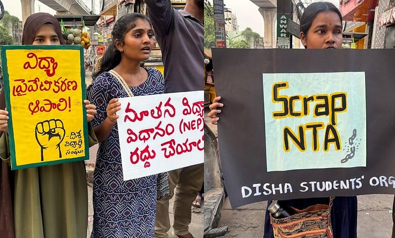 The image shows Hyderabad student activists protesting in Narayanguda on Thursday, May 14, 2026, demanding the scrapping of NTA for the NEET UG 2026 paper leak.
