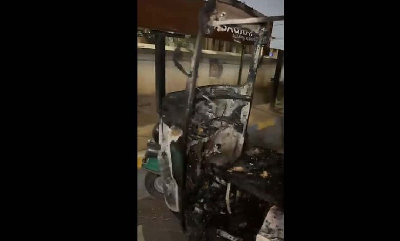 Two autorickshaws engulfed in flames at a petrol station in Hyderabad, causing damage and fire hazards.