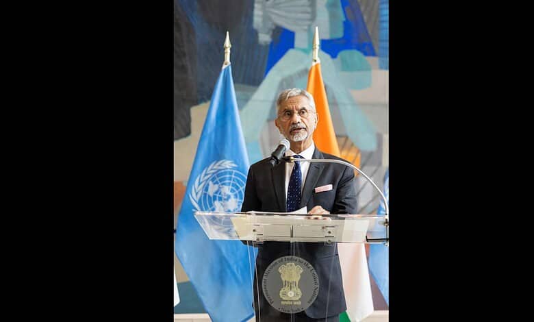 India's external affair minister S Jaishankar addresses a conference at the UN