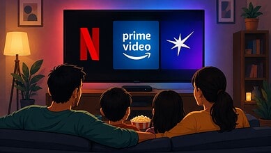 Enjoying a movie night with family watching Netflix, Prime Video, and Star on a large screen in a cozy li.