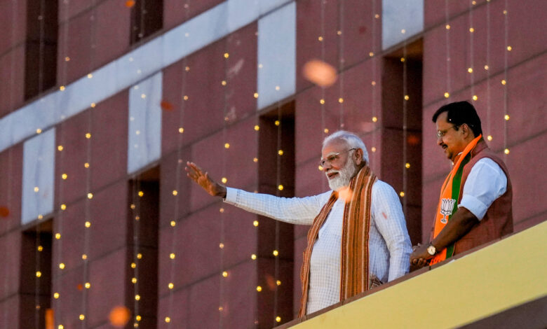 Prime Minister Narendra Modi arrives at BJP headqurters as the party leads during vote tabulation on the day of Assembly election results across four states and one Union Territory (UT), in New De (1)