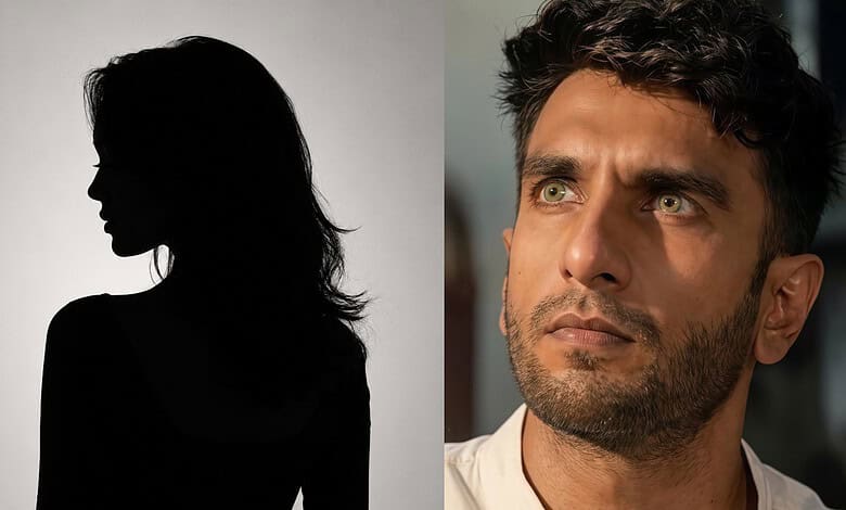 A silhouette of a woman with long hair on the left, and a close-up of a man with dark hair and stubble on.