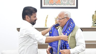 The image shows Telangana CM A Revanth Reddy meeting Union Minister for Urban Affairs Manohar Lal Khattar in Delhi to discuss Hyderabad Metro project's Phase 2 and 3 on Wednesday, May 6, 2026.