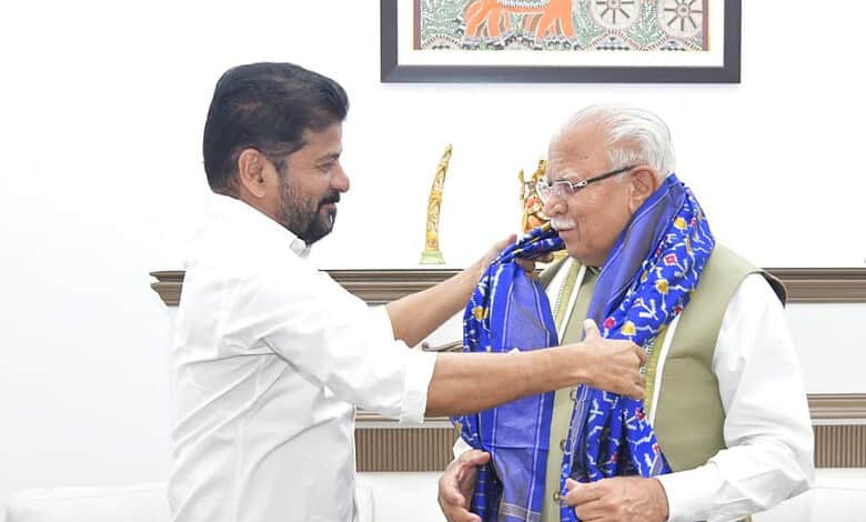 The image shows Telangana CM A Revanth Reddy meeting Union Minister for Urban Affairs Manohar Lal Khattar in Delhi to discuss Hyderabad Metro project's Phase 2 and 3 on Wednesday, May 6, 2026.