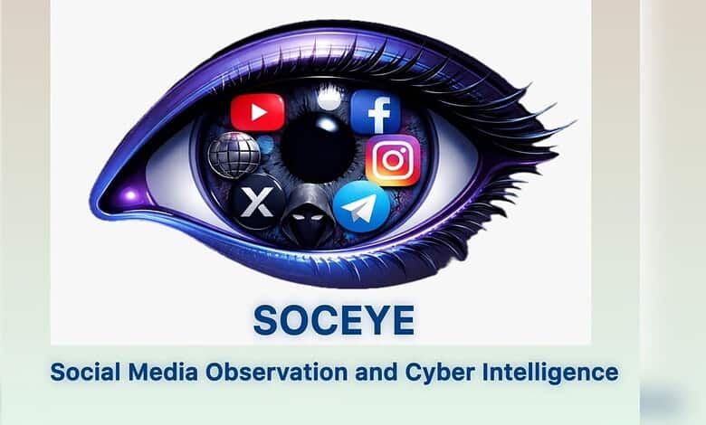 Close-up of an eye with social media icons like YouTube, Facebook, Instagram, and Telegram reflected in t.