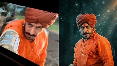 A man dressed as Shivaji in traditional orange attire and turban, portraying a warrior in a historical fi.