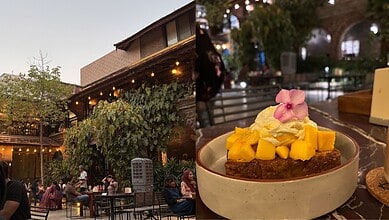 Delicious mango dessert topped with fresh mango pieces and a flower, served in a cozy Hyderabad cafe with.