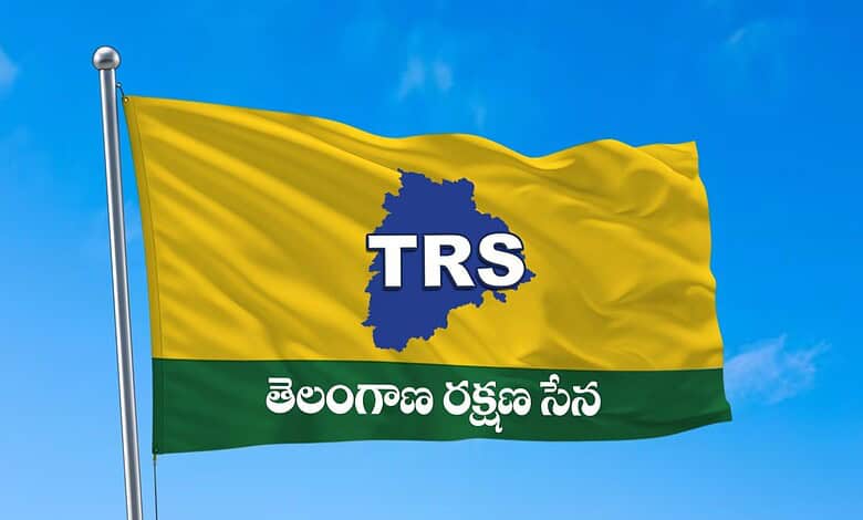 Bright yellow TRS flag with blue map outline and Telugu text, flying against a blue sky.