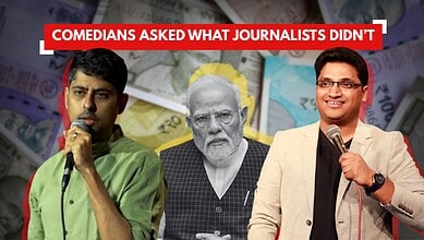 Comedians asking what journalists didn’t reveal during a press event with Indian political figures.
