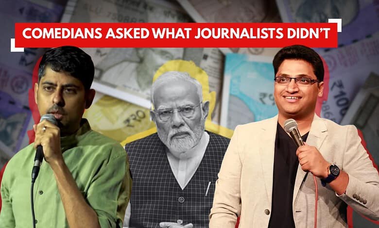 Comedians asking what journalists didn’t reveal during a press event with Indian political figures.