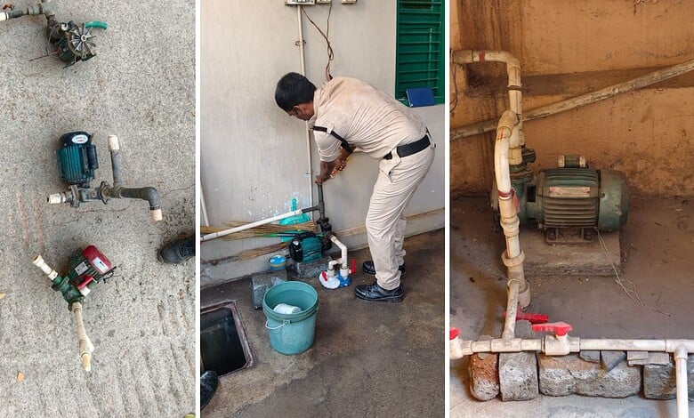 High-resolution image showing illegal motors connected to drinking water taps in Hyderabad, seized by aut.