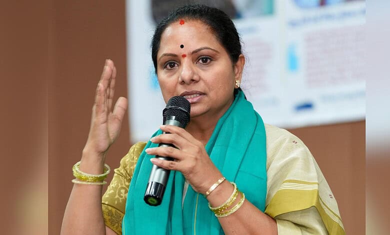 Kavitha speaking at a press conference about farmers' concerns over Pharma City and government transparen.