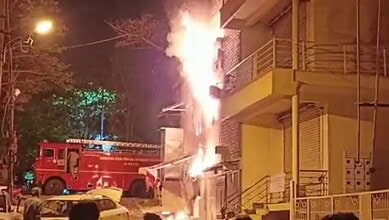 Firefighters respond to a fire at a hotel in Nagarabhavi, causing a fatality and injuries during a late-n.