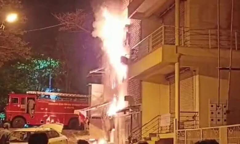 Firefighters respond to a fire at a hotel in Nagarabhavi, causing a fatality and injuries during a late-n.