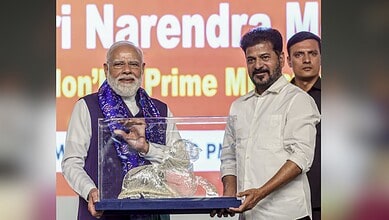 Indian Prime Minister Narendra Modi with Revanth Reddy at Viksit Bharat event in Telangana.