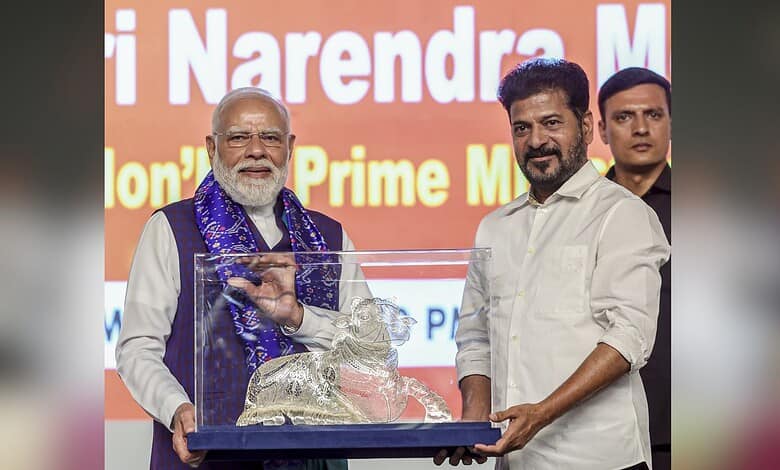Indian Prime Minister Narendra Modi with Revanth Reddy at Viksit Bharat event in Telangana.