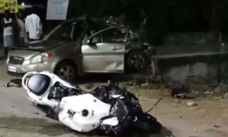 A bike and car in mangled condition after accident in Mahabubnagar