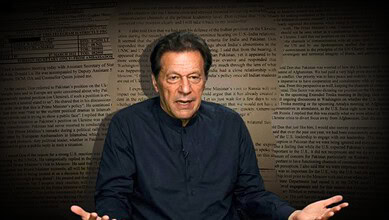 Pakistani politician Imran Khan speaking during a press conference or interview.