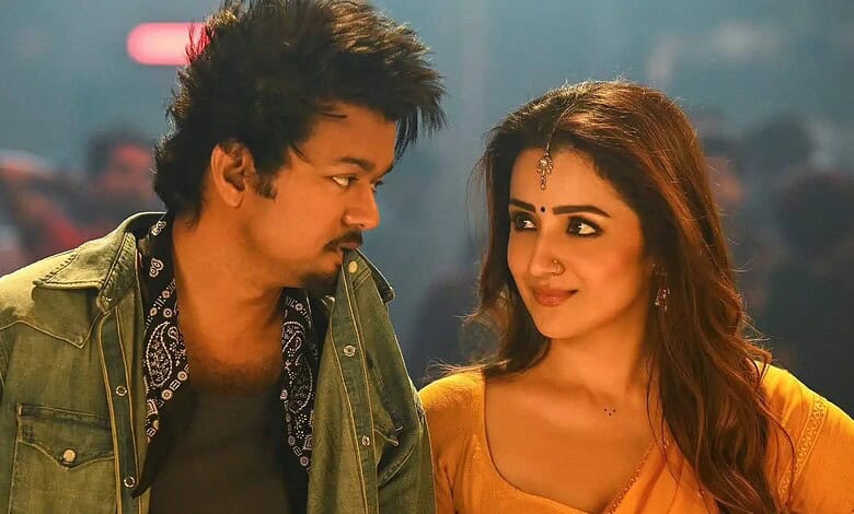 A vibrant scene from a Tamil movie featuring Thalapathy Vijay and Trisha in a romantic moment.