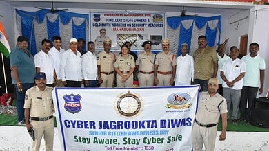 Police officers and officials participate in a cyber safety awareness event for jewellers.